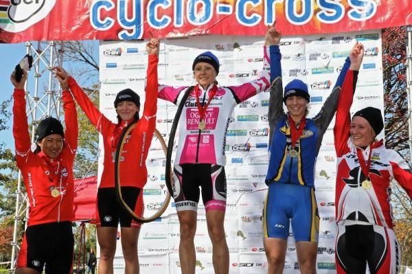 Elite Women's podium (L-R: Linda Sone (Planet Bike) 4th, Kaitlin Antonneau (Planet Bike) 2nd, Natasha Elliott (Garneau-Club Chaussures-Ogilvy) 1st, Pepper Harlton (Juventus Cycling Club) 3rd, Gesa Bruechmann (Stevens Racing Team) 5th)