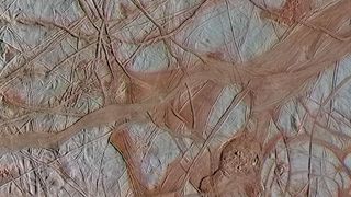 A close-up of Europa's terrain, as seen by the Galileo spacecraft in 1998.