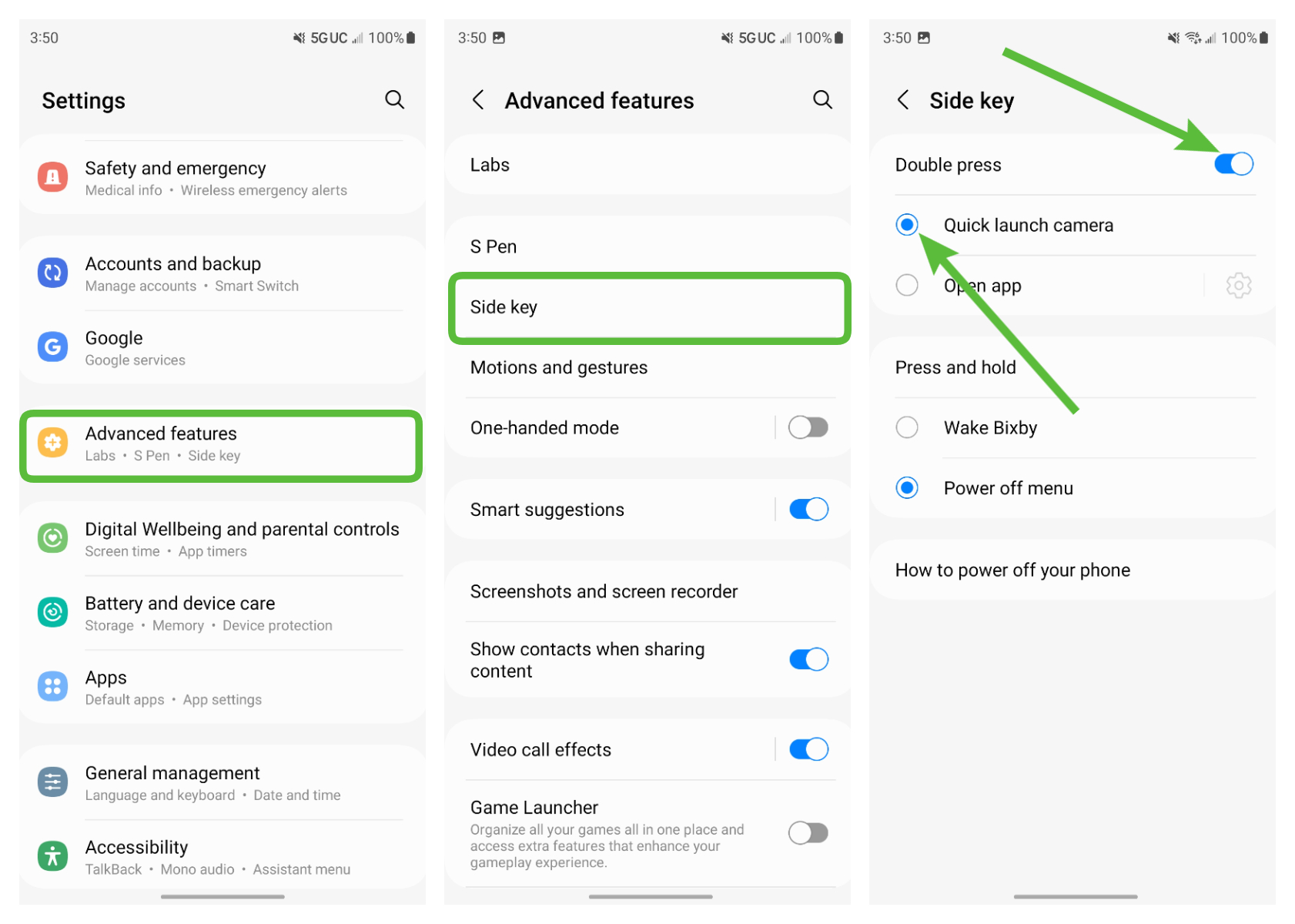 Steps for turning on Samsung Galaxy camera quick launch. Settings > Advanced features > Side key > Quick launch camera.