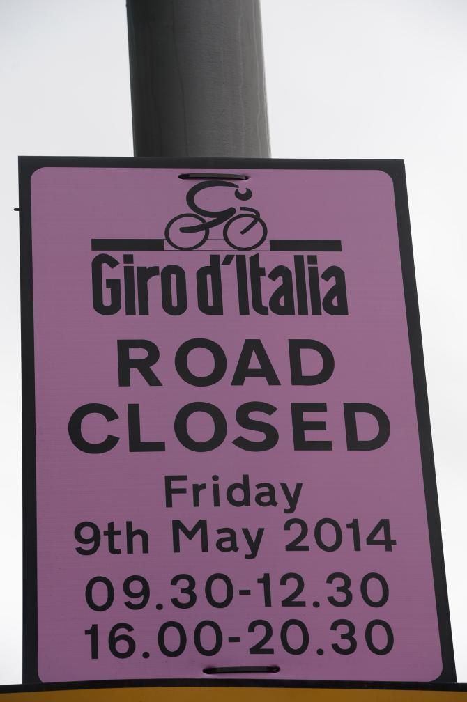 One of the many Giro signs in Belfast lining the roads ahead of the team time trial