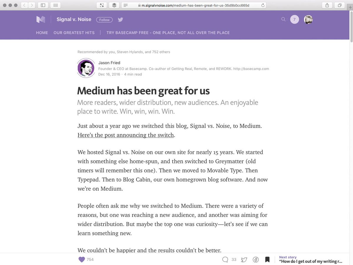 Medium article titled &#039;Medium has been great for us&#039;