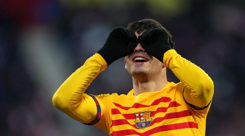 Pedri celebrates after scoring for Barcelona against Girona in LaLiga on his 100th appearance for the Blaugrana.