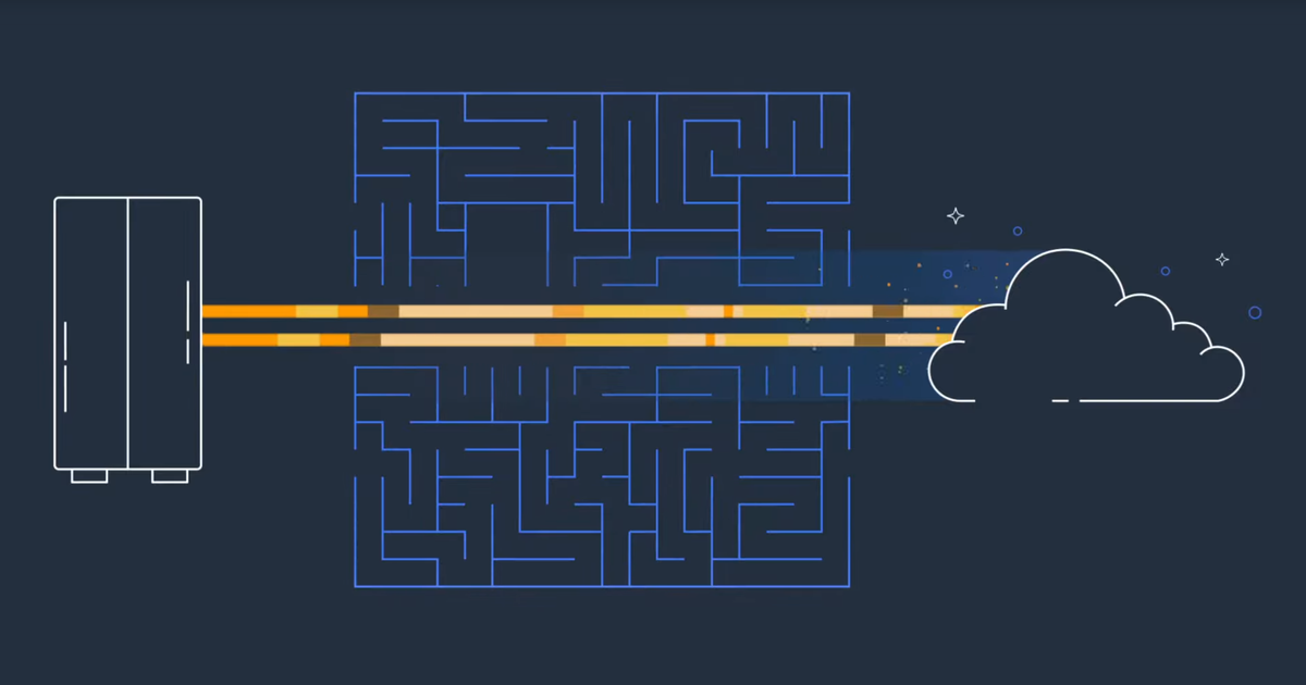 A screenshot from a promotional AWS video showing a graphic representation of data flowing from a mainframe server to a cloud