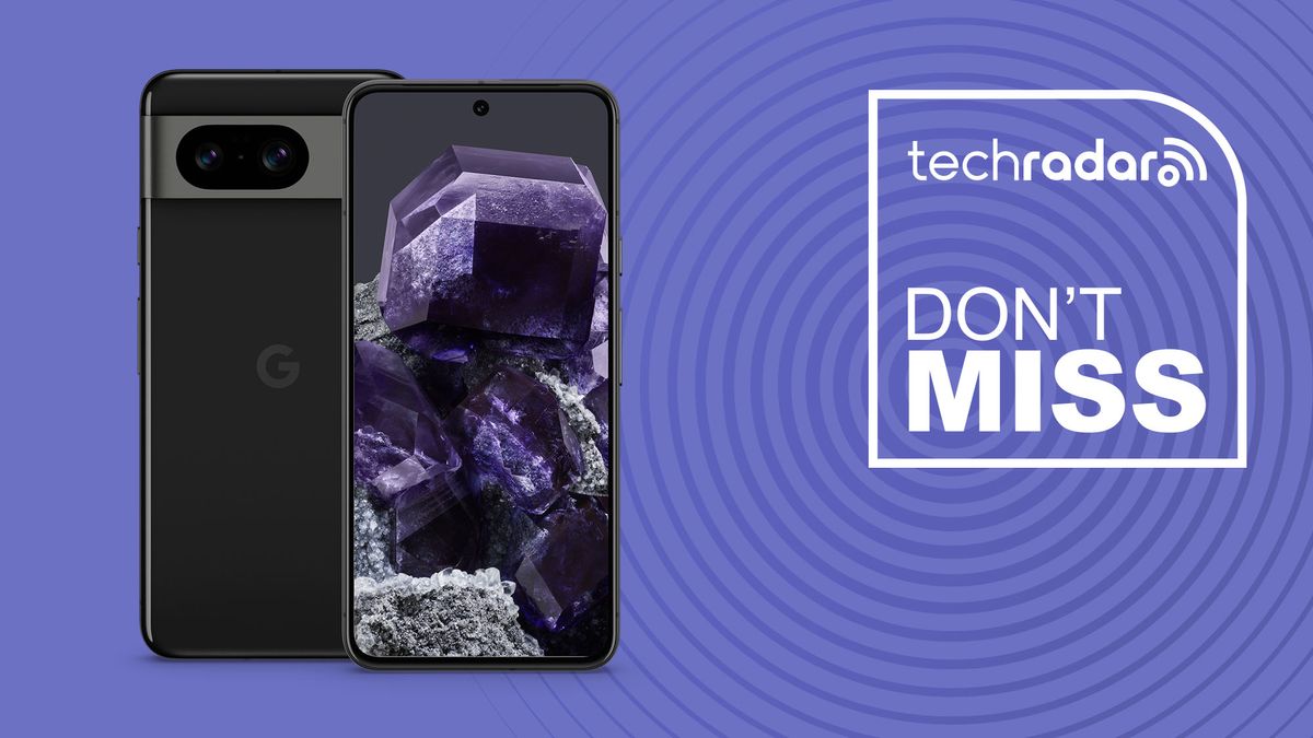 Google Pixel 8 in obsidian on purple background with don&#039;t miss text