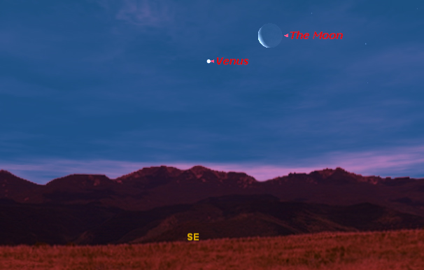 This sky map of Venus and the moon shows how they will appear at about 6:30 a.m. ET on Feb. 28, 2011 to the U.S. East Coast. Observers in other parts of the U.S. may see a similar sight at around the same time, weather permitting.