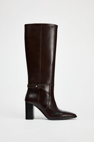 Leather Buckle Heel Boots