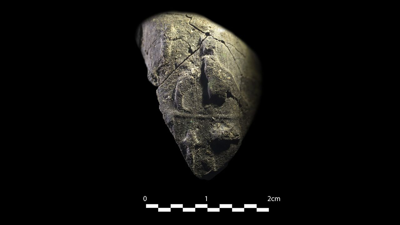 This image shows artifact contains the seal of Shepseskare, a pharaoh who ruled Egypt in the fifth dynasty. It is 3cm long and 2cm wide at the top, narrowing to a rounded point (teardrop-like in shape). The design is very worn, but there appears to be a raised image that depicts the side profile of a bird standing on a cobra.