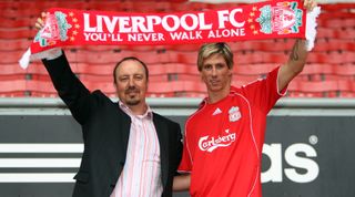 LIVERPOOL, UNITED KINGDOM - JULY 4: Liverpool manager Rafael Benitez unveils new signing Fernando Torres at a press conference held at Anfield on July 4, 2007 in Liverpool, England. (Photo by Gary M. Prior/Getty Images)