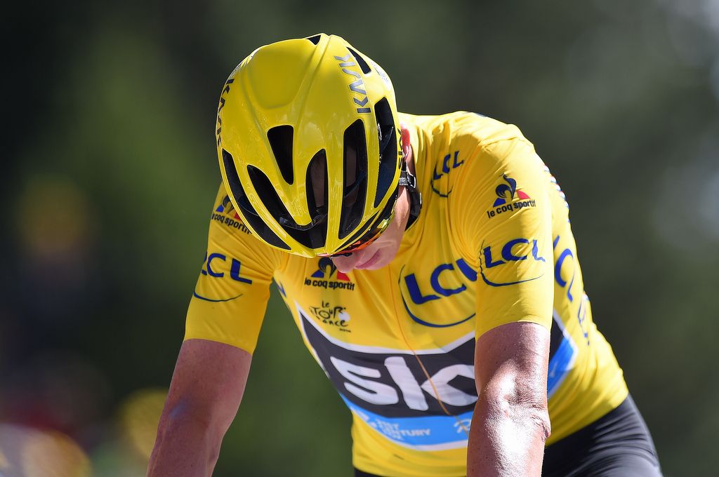 Chris Froome (Team Sky) hangs his head after finishing the stage