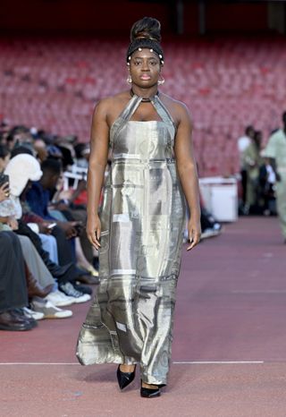 LONDON, ENGLAND - SEPTEMBER 16: Clara Amfo walks the runway at the Labrum London show during London Fashion Week September 2024 at The Emirates Stadium on September 16, 2024 in London, England. (Photo by Stuart C. Wilson/Getty Images)