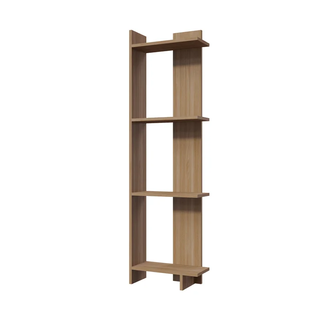 oak-colored corner bookshelf with open design