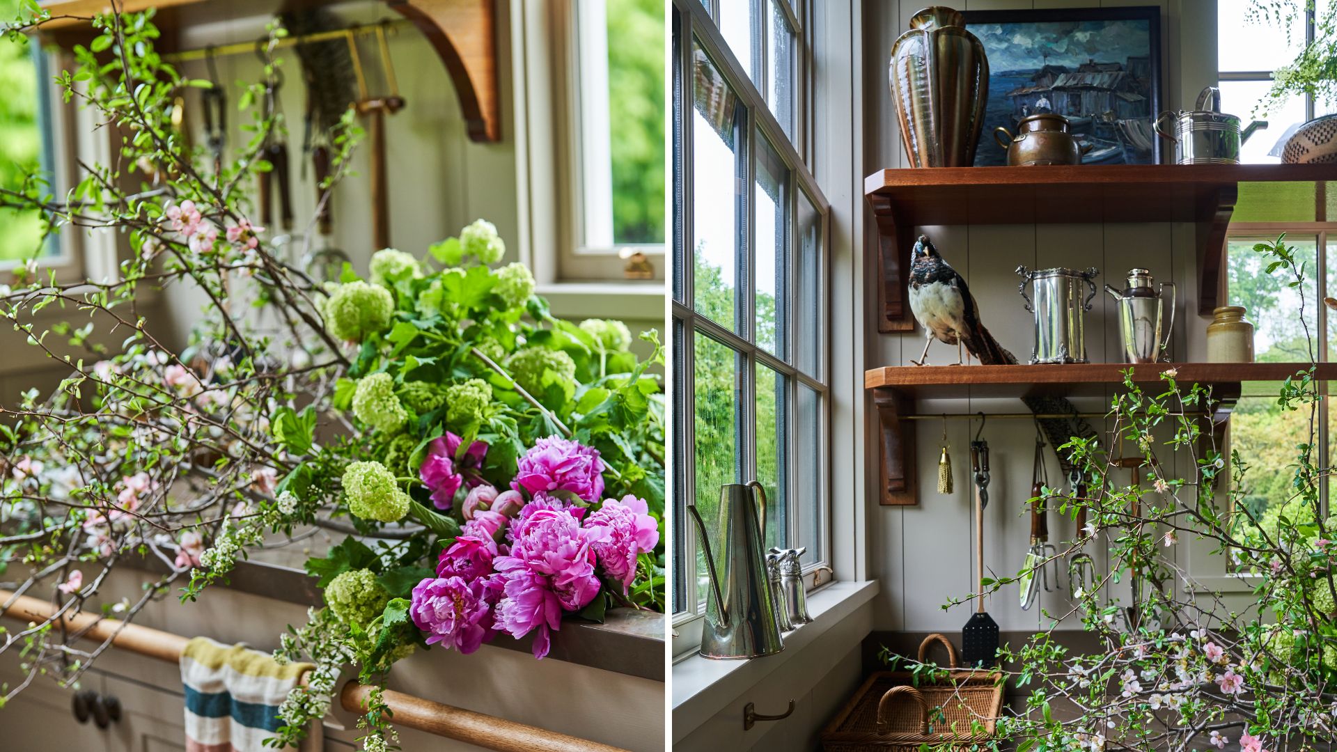 Two images showing a bunch of flowers in a sink on the left and some open shelving with vases and collectibles on the right