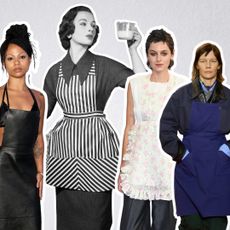 a collage of Myha'la, a 1950s housewife, Emma Corrin, and Sandra H&uuml;ller walking in Miu Miu Spring 2026 wearing the apron dress trend