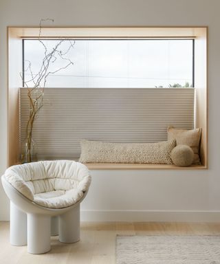 japandi style bedroom nook reading area with small seat
