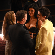 Canadian producer Shauna Robertson, US actor, director, producer Edward Norton, US socialite Kylie Jenner and US-French actor Timothee Chalamet attend the 97th Annual Academy Awards at the Dolby Theatre in Hollywood, California on March 2, 2025.