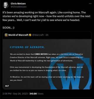 It’s been amazing working on Warcraft again. Like coming home. The stories we’re developing right now – how the world unfolds over the next few years… Well, I can’t wait for y’all to see where we’re headed. SOON… :)