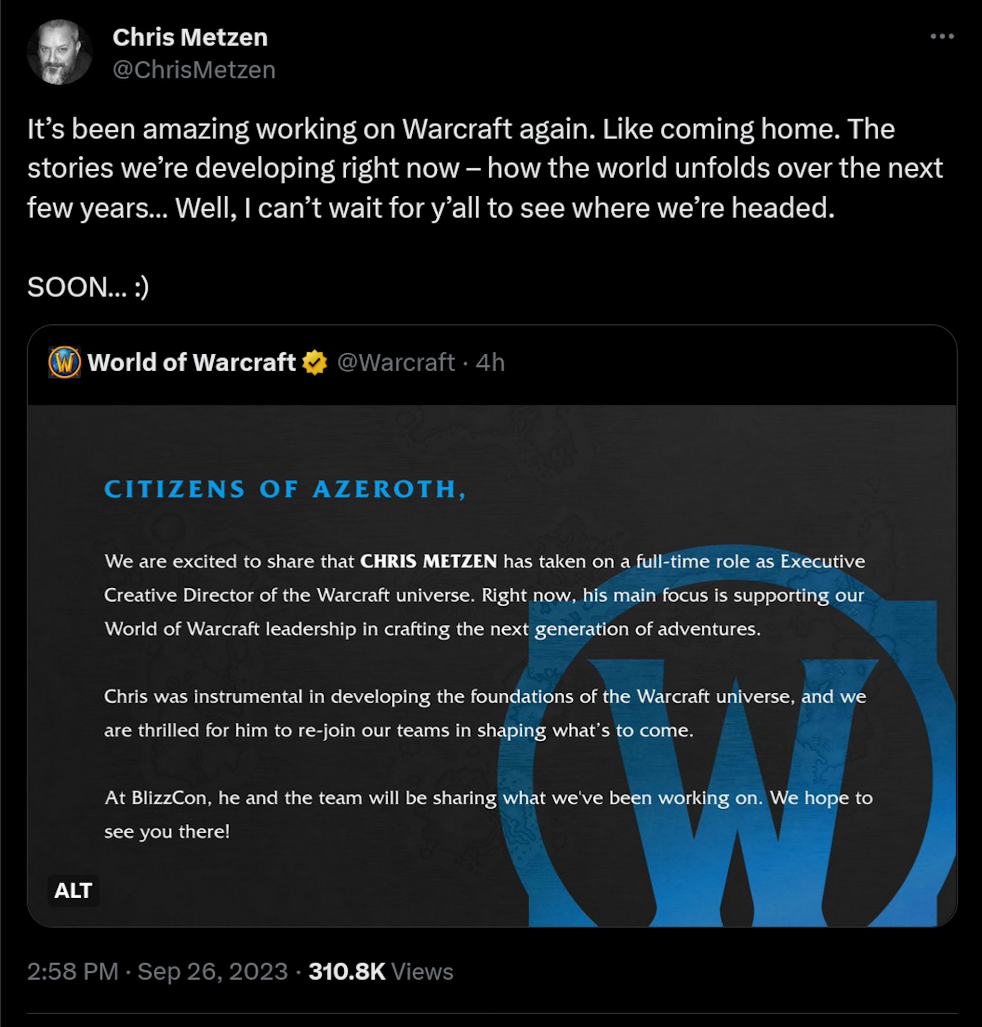 Ha sido fantástico volver a trabajar en Warcraft.  Como volver a casa.  Las historias que estamos desarrollando ahora mismo: cómo se desarrollará el mundo en los próximos años... Bueno, no puedo esperar a que todos vean hacia dónde nos dirigimos.  PRONTO… :)