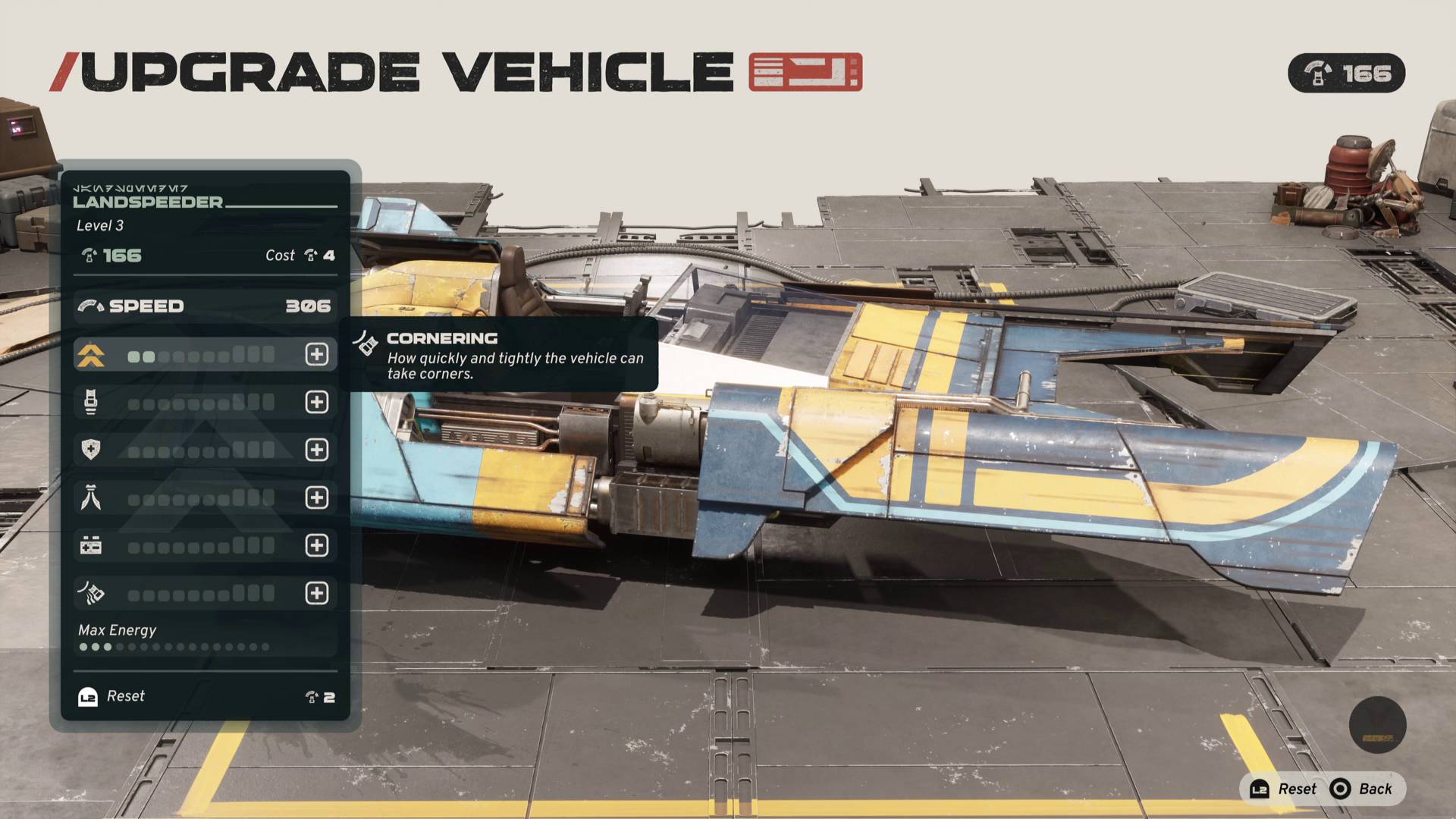 Star Wars Galactic Racer respecing landspeeder and putting points into cornering