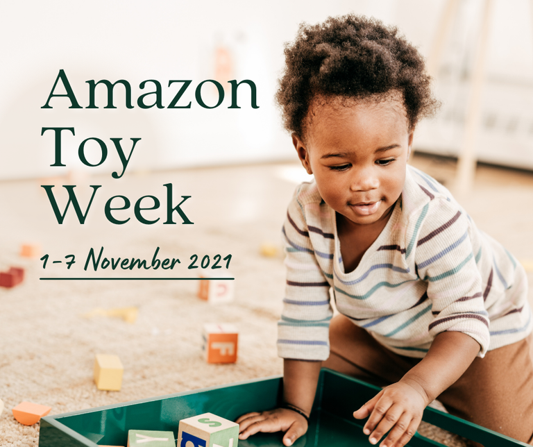 A boy playing with toys alongside the words Amazon Toy Week 1-7 November 2021