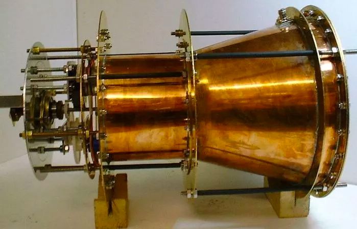 The &quot;impossible&quot; EmDrive engine, which purportedly generates thrust by bouncing microwaves around inside a cone-shaped chamber.