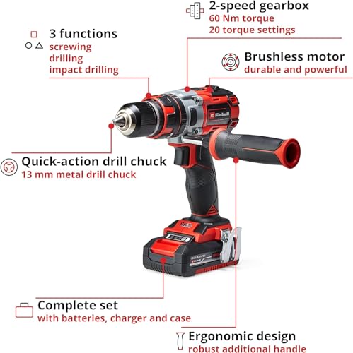 Einhell Cordless Drill Driver With 2 X Batteries and Charger 18v Power X-Change, 60nm, Brushless 3-In-1 Combi Drill, Hammer Drill and Screwdriver, Impact Drill Set Tp-Cd 18 Li-I