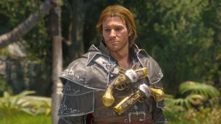 Black Flag Resynced outfits: Edward wearing the Master Assassin Outfit looking towards the camera with a tropical forest in te background.