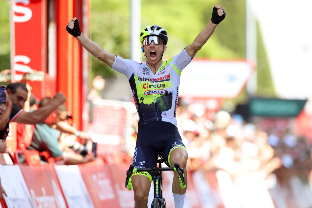 LEKUNBERRI SPAIN SEPTEMBER 10 Rui Costa of Portugal and Team Intermarche Circus Wanty celebrates at finish line as stage winner during the 78th Tour of Spain 2023 Stage 15 a 1583km stage from Pamplona to Lekunberri UCIWT on September 10 2023 in Lekunberri Spain Photo by Alexander HassensteinGetty Images