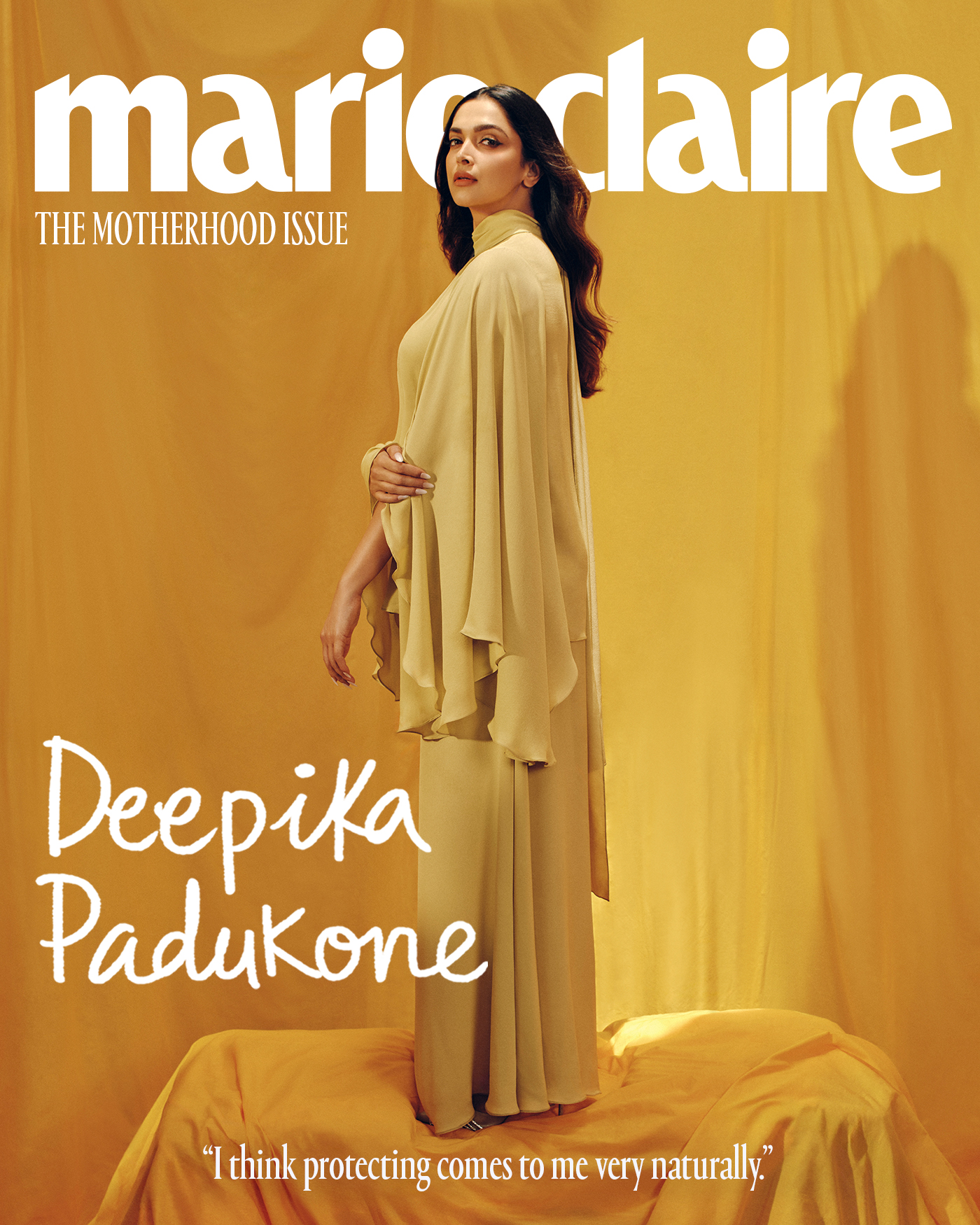 deepika padukone poses in a yellow dress against a yellow backdrop on the cover of marie claire motherhood issue