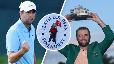 Scottie Scheffler in the Green Jacket and fist pumping after holing a putt