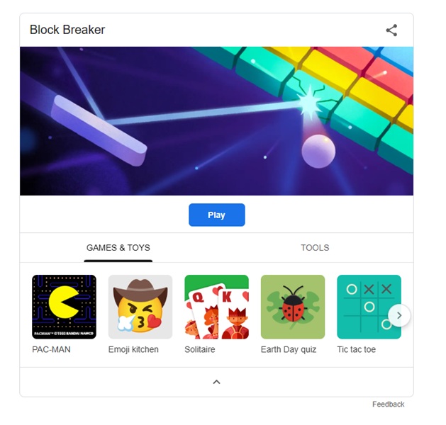 A snapshot of Google Search's new easter egg, Block Breaker, based on the classic retro game.