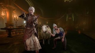Astarion poses with a female elf and a sheep in Baldur's Gate 3.