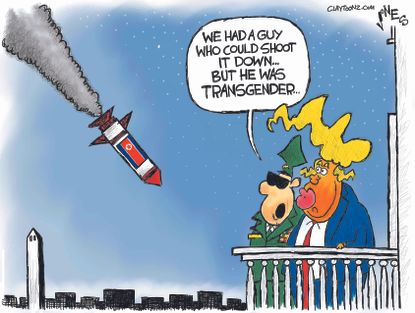 Political cartoon U.S. Trump transgender military ban North Korea missiles
