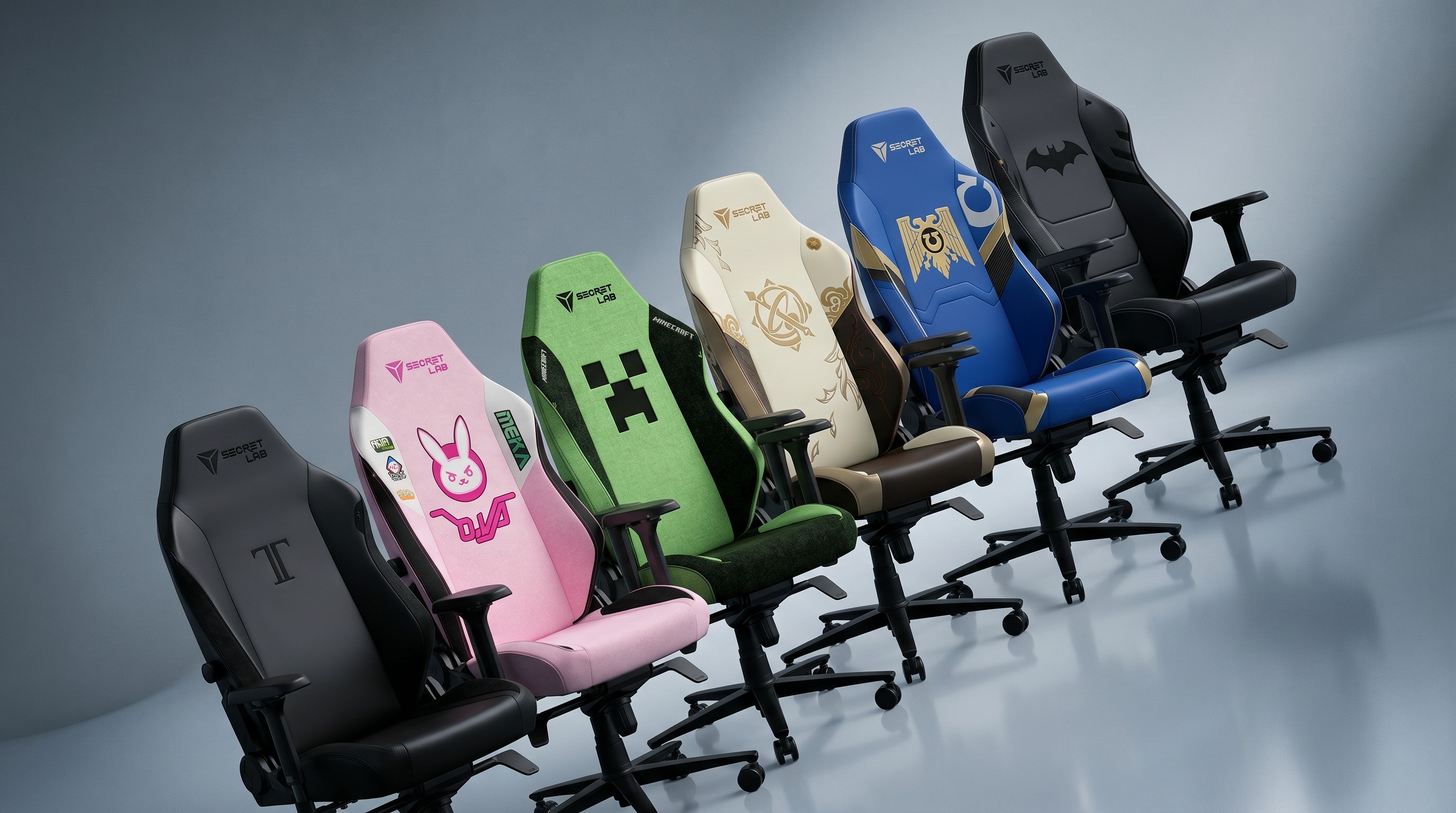 Six Secretlab Titan Evo gaming chairs of various designs at a slanted angle