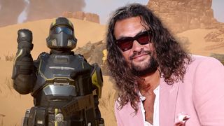 Jason Momoa peeking out from the side of the screen in front of a Helldivers trooper