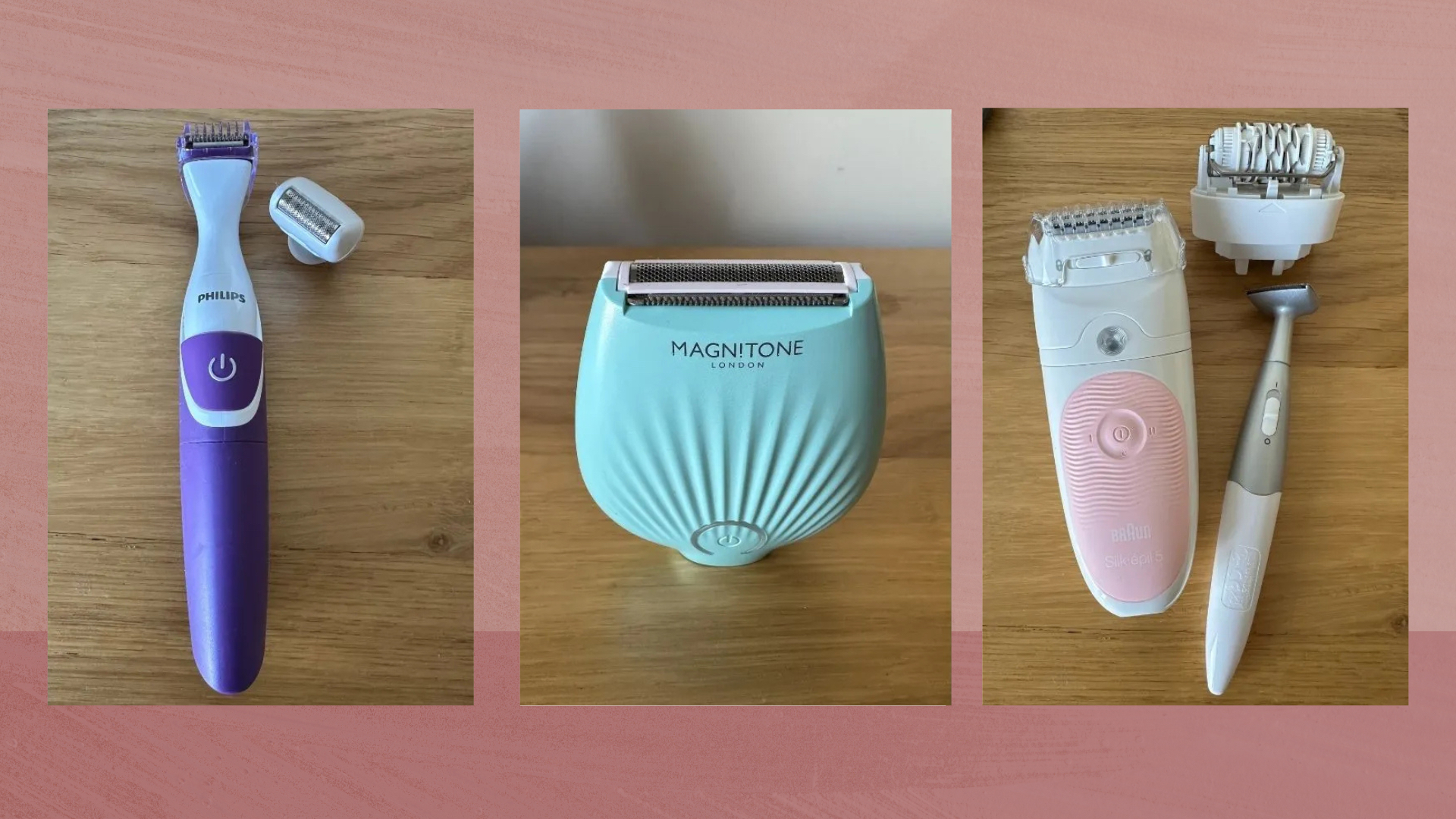 Collage of three vertical images of bikini trimmers featured in this guide from (left to right) Philips, Magnitone and Braun, set against a dark pink watercolour-style background 