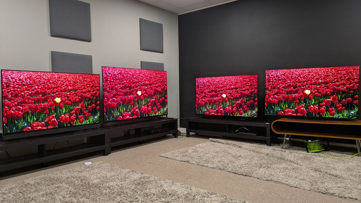 Panasonic Z95B (far left) Sony Bravia 8 II (middle left) Samsung S95F (middle right) LG G5 (far right) with red flowers on screen