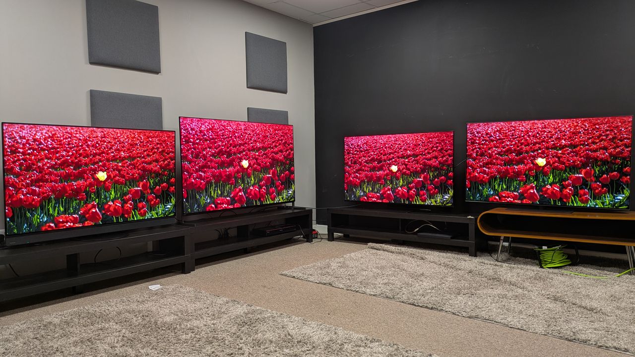 Panasonic Z95B (far left) Sony Bravia 8 II (middle left) Samsung S95F (middle right) LG G5 (far right) with red flowers on screen