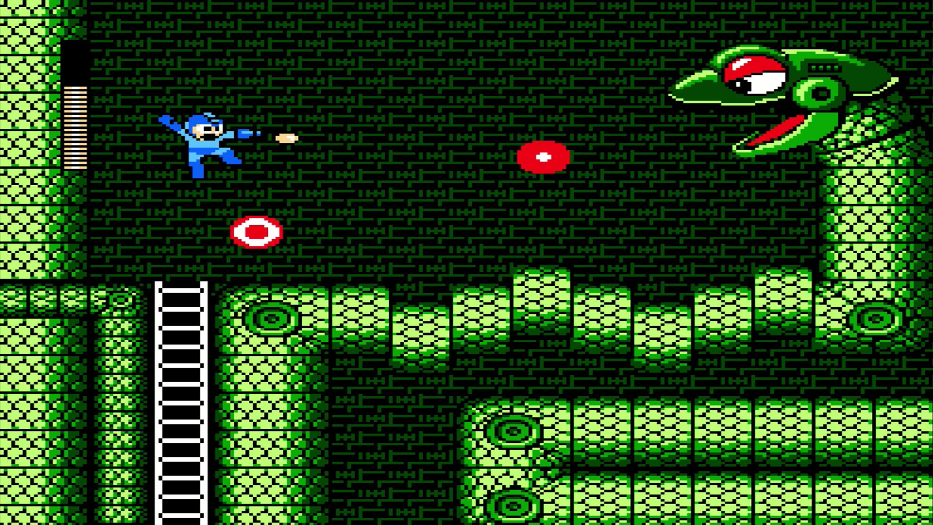 An in-game image of Mega Man going through Snake Man's stage in Mega Man Inside the Mega Man Legacy Collection.