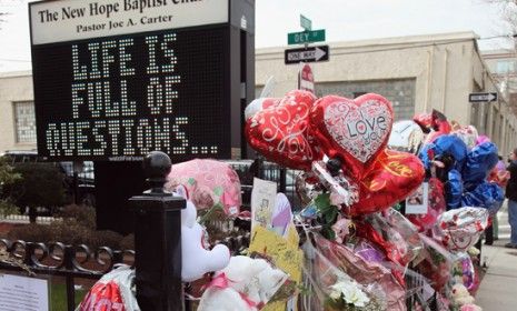 A makeshift memorial is set up outside Whitney Houston&amp;#039;s childhood church, where her funeral will take place Saturday.