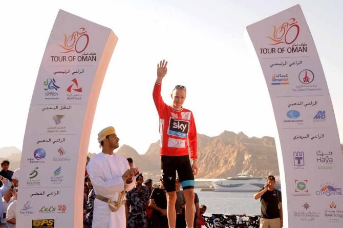 Chris Froome (Sky) celebrates Tour of Oman victory.
