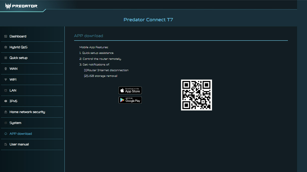 A screenshot of the Acer Predator Connect T7 app.