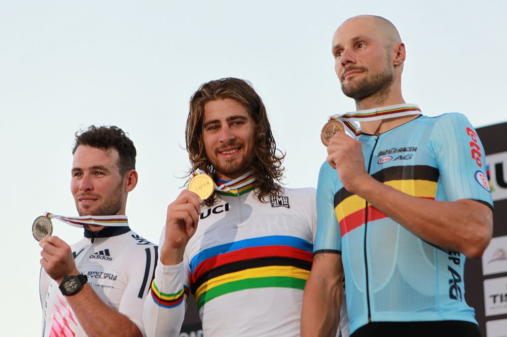 Mark Cavendish, Peter Sagan and Tom Boonen on the 2016 UCI Road World Championships elite men's road race podium