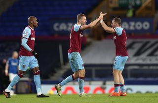 West Ham United’s Tomas Soucek celebrates with team-mate Vladimir Coufal