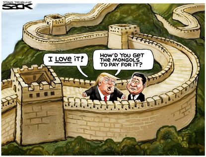 Political cartoon U.S. Trump China visit wall Mexico