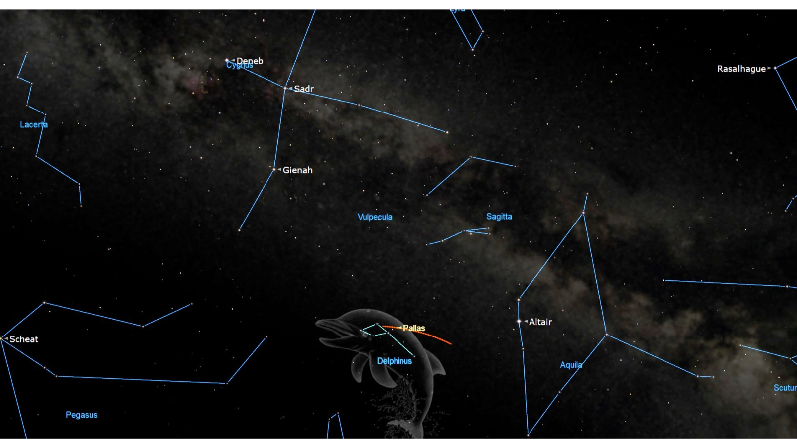 A map of the night sky shows Pallas in the center lower portion of the image close to the Delphinus constellation.