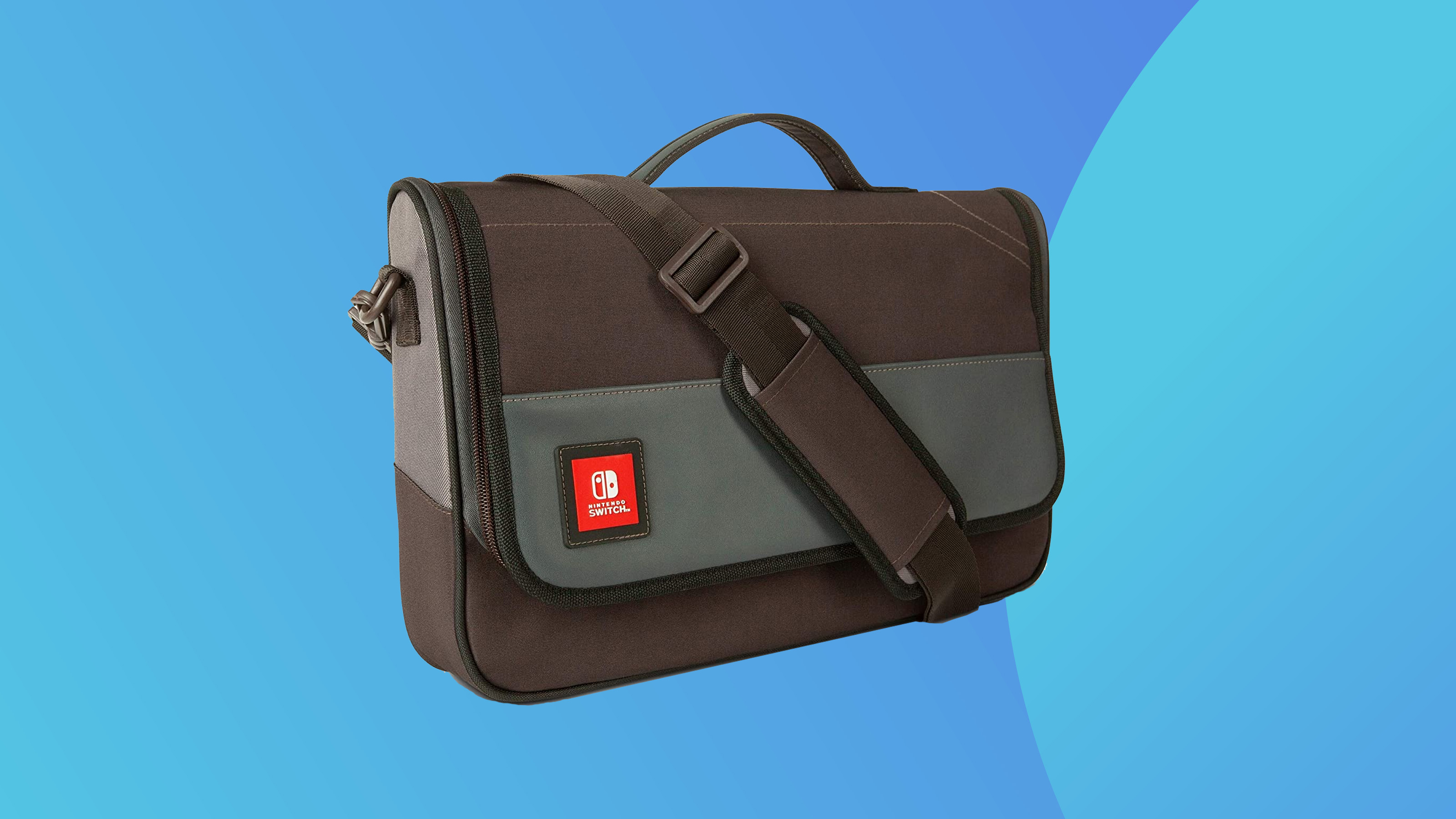 Product shot of the PowerA Everywhere Messenger bag for nintendo switch on a colourful background