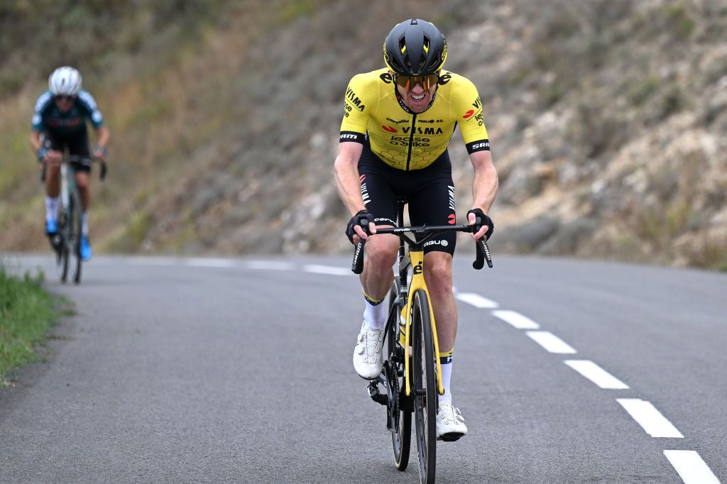 MAESTU PARQUE NATURAL DE IZKI SPAIN SEPTEMBER 05 Steven Kruijswijk of The Netherlands and Team Visma Lease a Bike attacks in the breakaway during the La Vuelta 79th Tour of Spain 2024 Stage 18 a 1798km stage from VitoriaGasteiz to Maestu Parque Natural de Izki UCIWT on September 05 2024 in Maestu Parque Natural de Izki Spain Photo by Tim de WaeleGetty Images