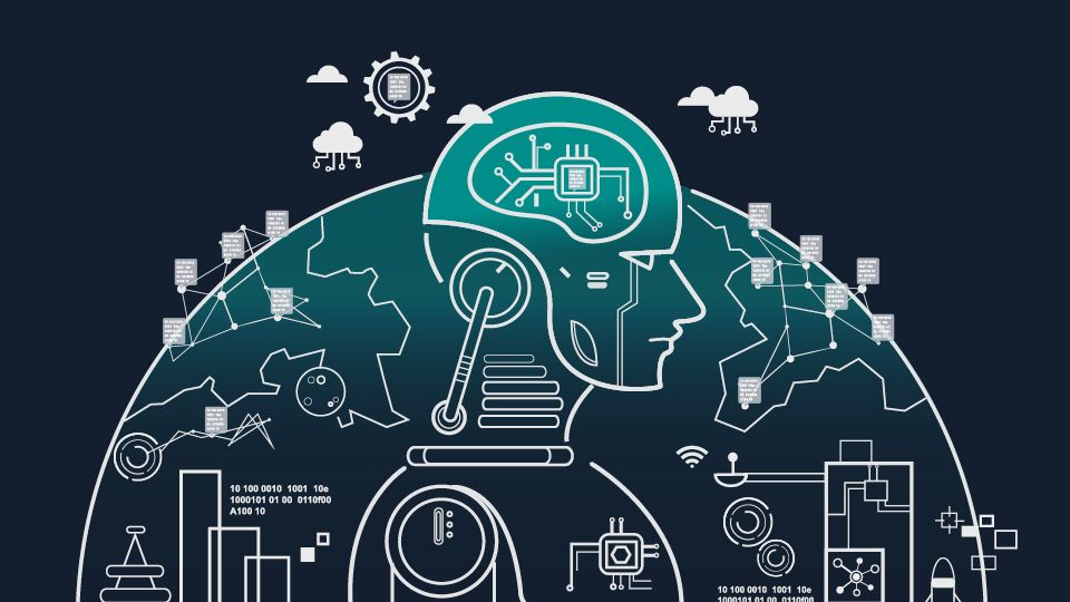 An illustration showing an android with an electronic brain in front of a globe marked with symbols indicated technological advancement, such as binary code, molecules and communications relays.