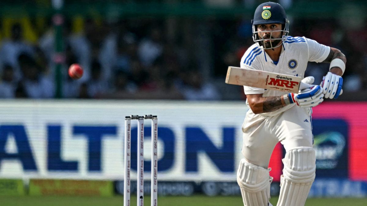 India&#039;s Virat Kohli watches the ball after playing a shot during the fourth day of the second Test cricket match between India and Bangladesh at the Green Park Cricket Stadium in Kanpur on September 30, 2024.