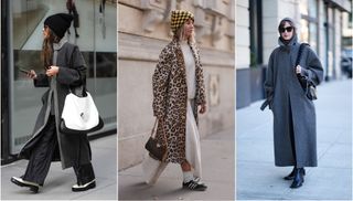 trio of images of street style shots women wearing hats